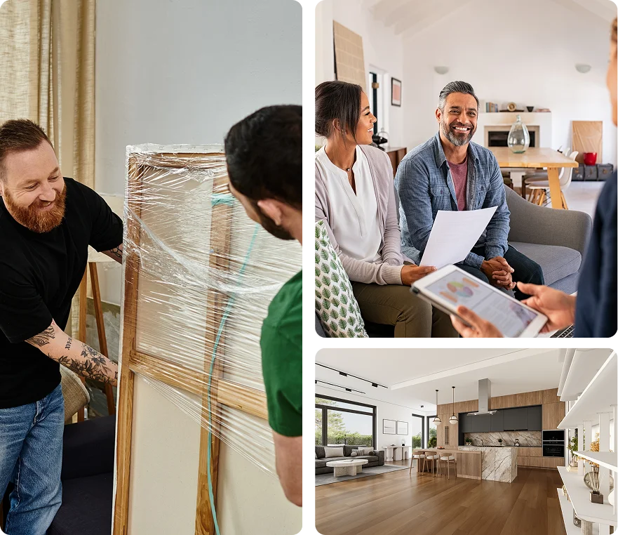 Unpacking, meeting, and modern home interior scene.